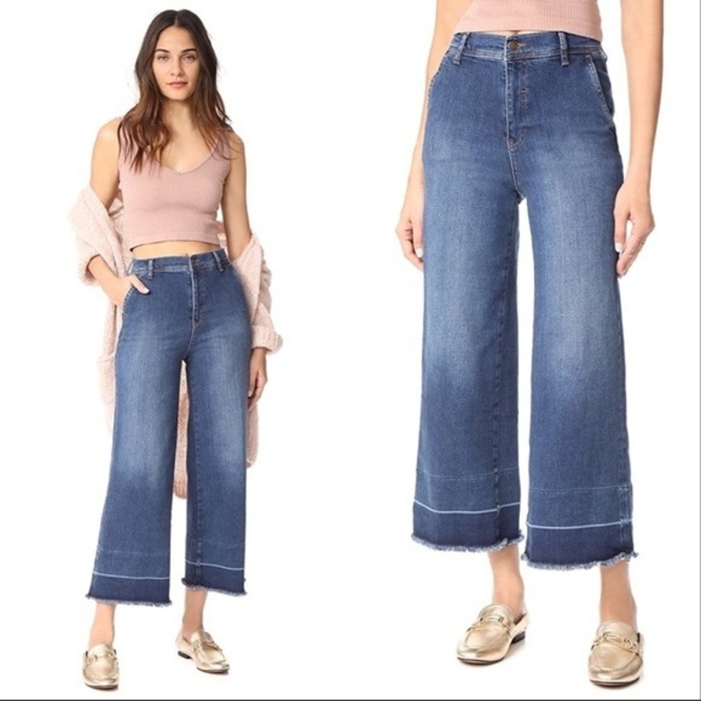 Free People Women's Wide Leg Crop Jeans Raw Hem High Rise Stretch Casual Boho 25